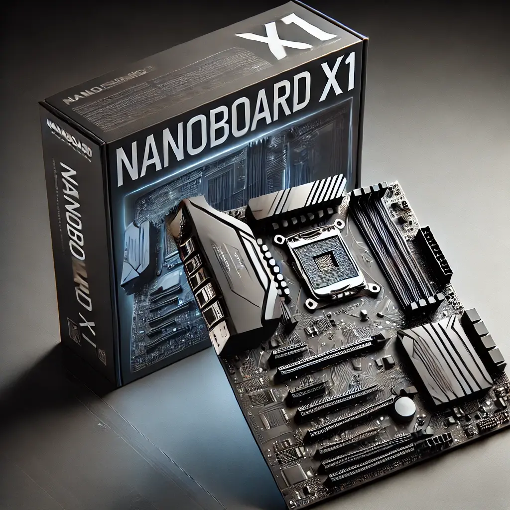 DALL·E 2024-09-12 11.46.13 - Detailed illustration of a high-tech motherboard, NanoBoard X1, viewed from the front with its packaging box. The motherboard features an advanced chi.webp