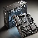 DALL·E 2024-09-12 11.46.13 - Detailed illustration of a high-tech motherboard, NanoBoard X1, viewed from the front with its packaging box. The motherboard features an advanced chi.webp